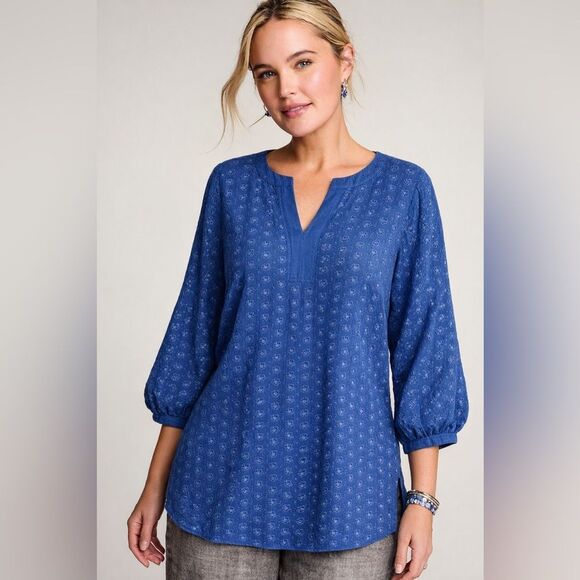 J. Jill Tops - J. Jill Deep Indigo Blue Eyelet Tunic Sz XL Balloon 3/4 Sleeves Coastal Boho